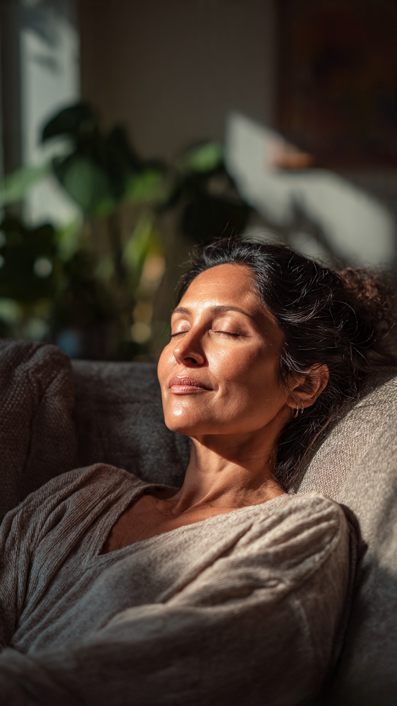 Woman resting peacefully after improving sleep with YuSleep